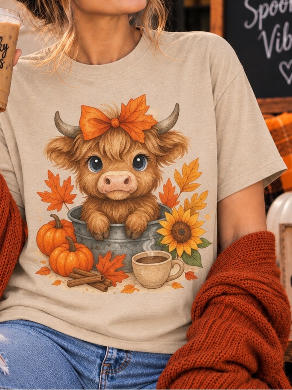 Highland Cow Cute Western Graphic T- Shirt Autumn / Fall Pumpkins 100% Cotton